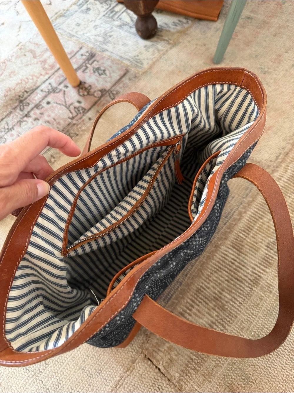 Madewell Indigo Batik Woven Canvas Tote with Leather Trim
